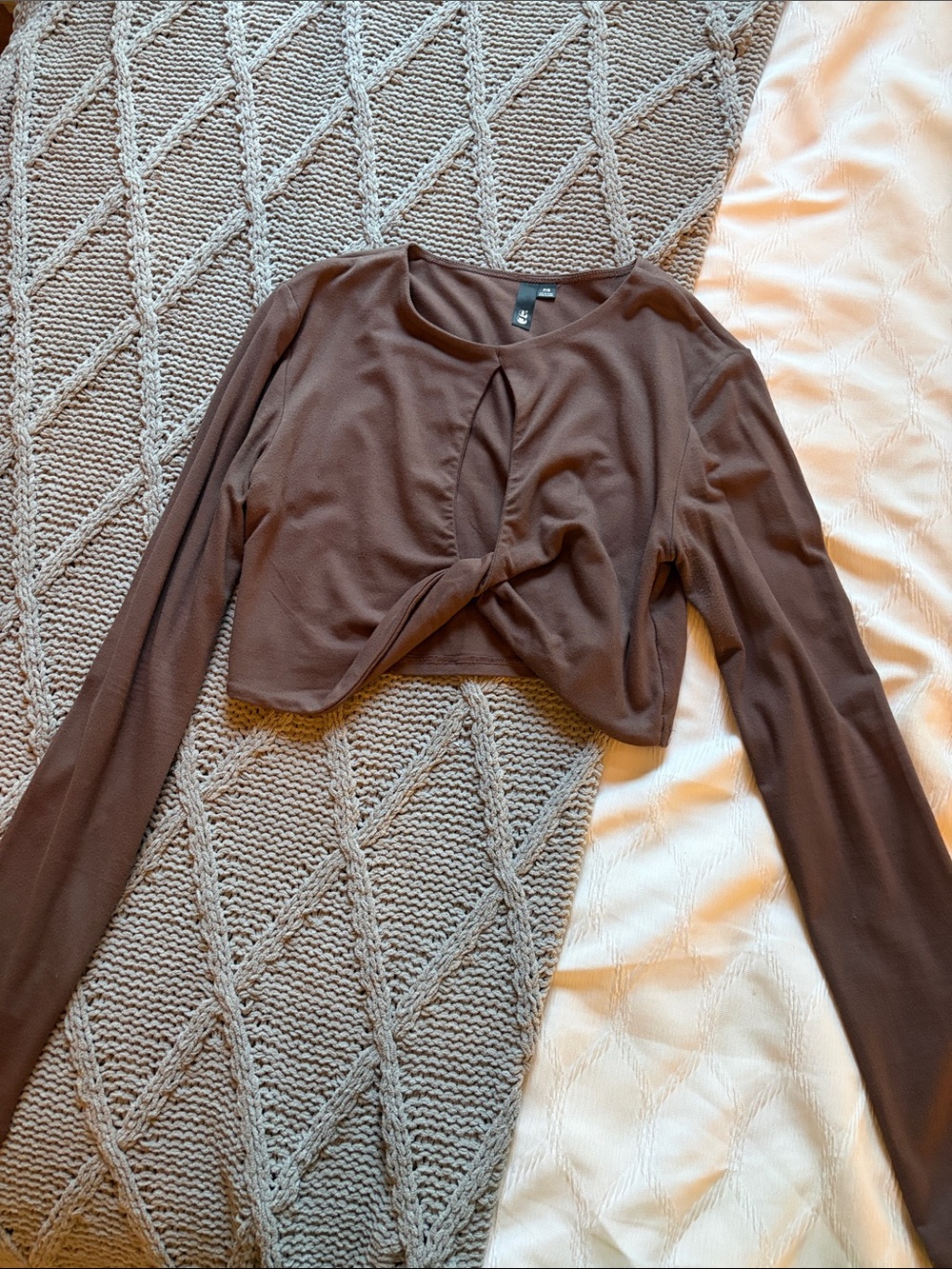 GARAGE Brown Twist-Front Long Sleeve Crop Top